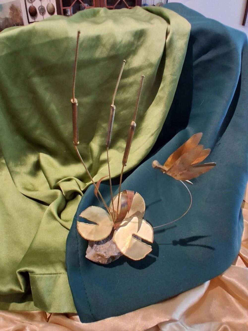 Vintage Mid-Century Brass and Copper Cattail Sculpture with Dragonfly and Quartz